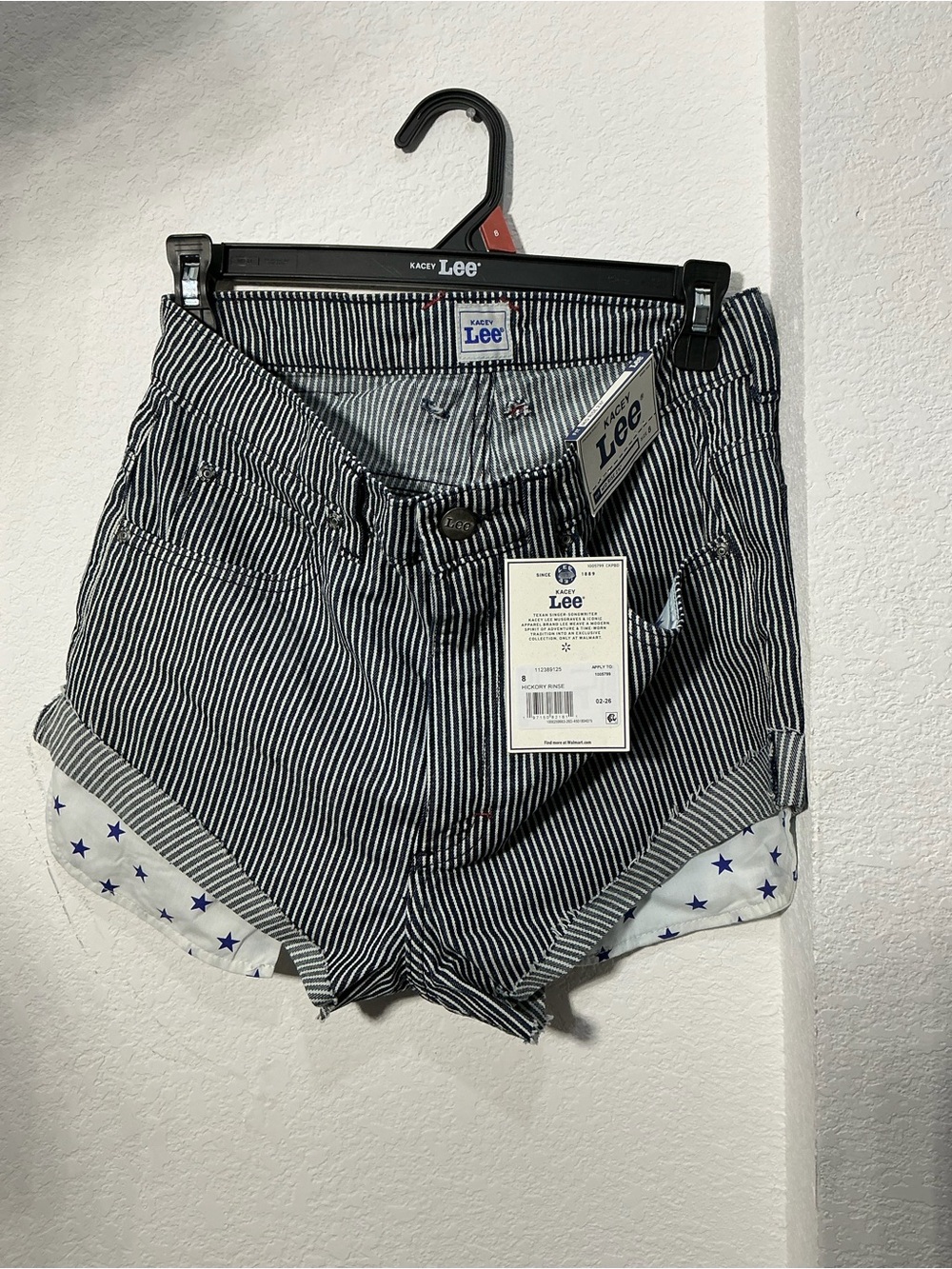 Lee Women's Navy and White Striped Denim Shorts with Star-Print Cuffs